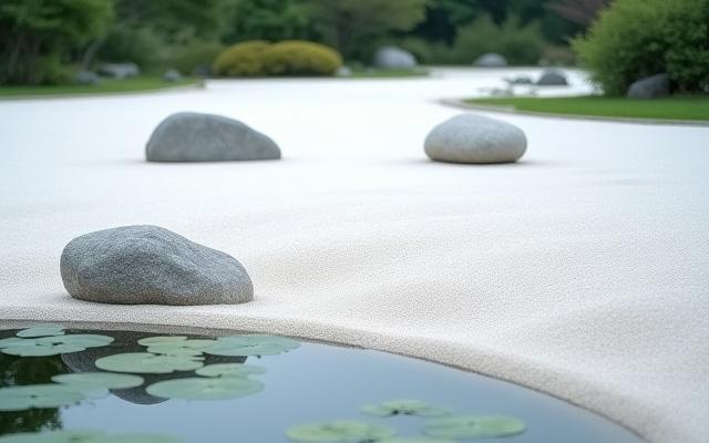 日本の禅庭園の池に浮かぶ静かな水面
